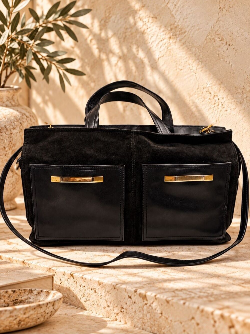 Vintage RODO Italy Black Suede Leather Satchel Shoulder Bag Gold Hardware